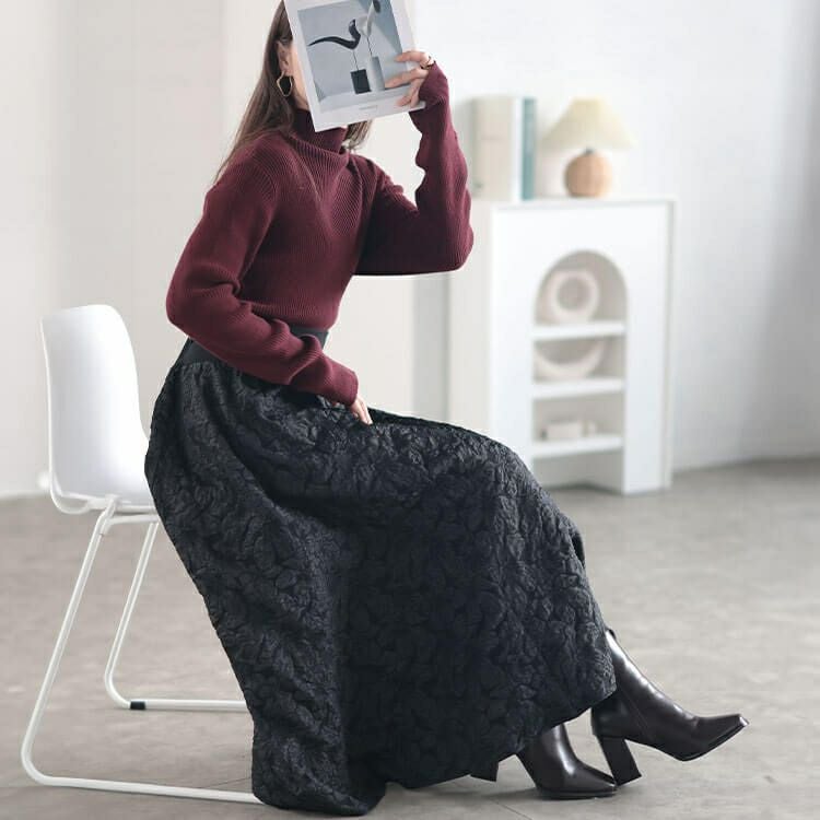 大きいサイズ レディース フラワージャガード太リブボリュームフレアスカート　sfe-0009