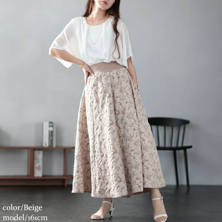 大きいサイズ レディース フラワージャガード太リブボリュームフレアスカート　sfe-0009