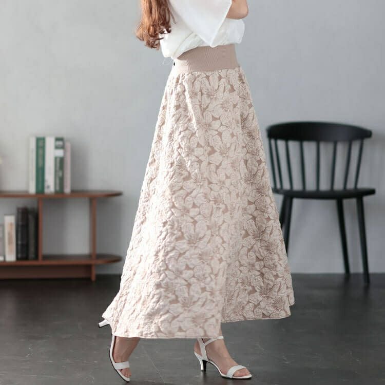 大きいサイズ レディース フラワージャガード太リブボリュームフレアスカート　sfe-0009