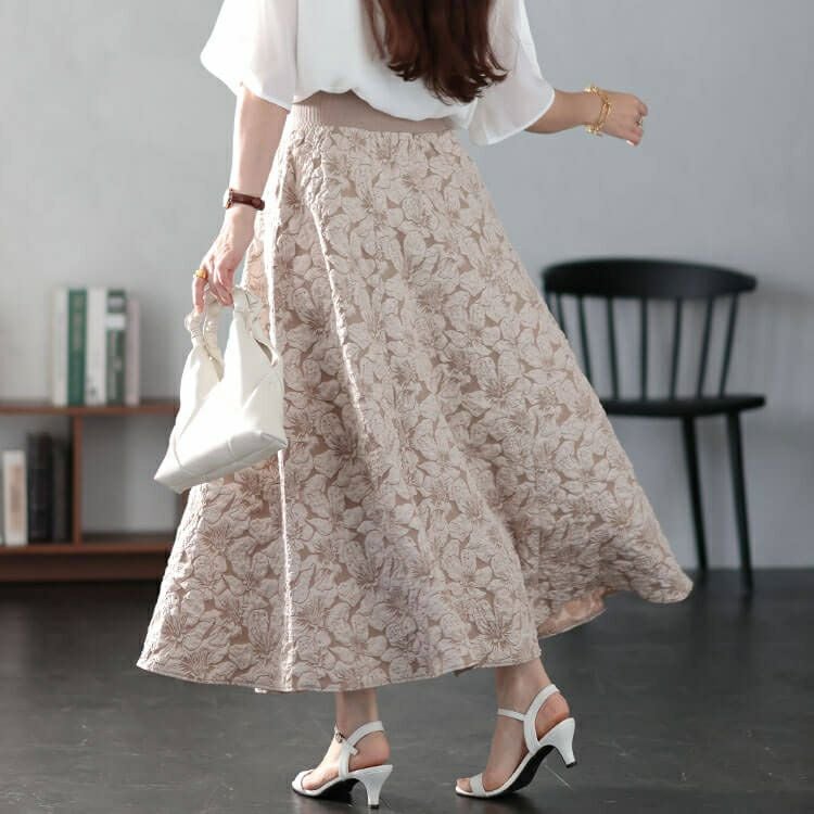 大きいサイズ レディース フラワージャガード太リブボリュームフレアスカート　sfe-0009