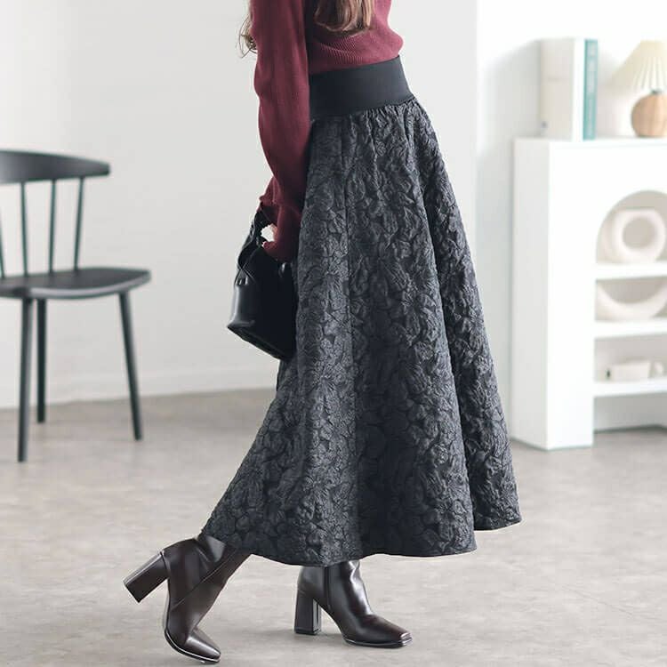 大きいサイズ レディース フラワージャガード太リブボリュームフレアスカート　sfe-0009