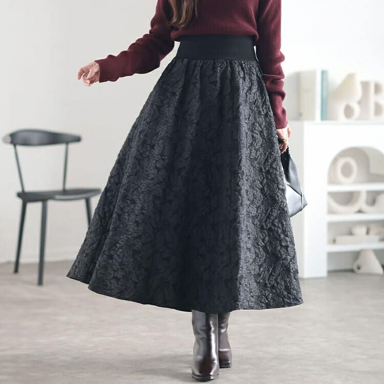 大きいサイズ レディース フラワージャガード太リブボリュームフレアスカート　sfe-0009