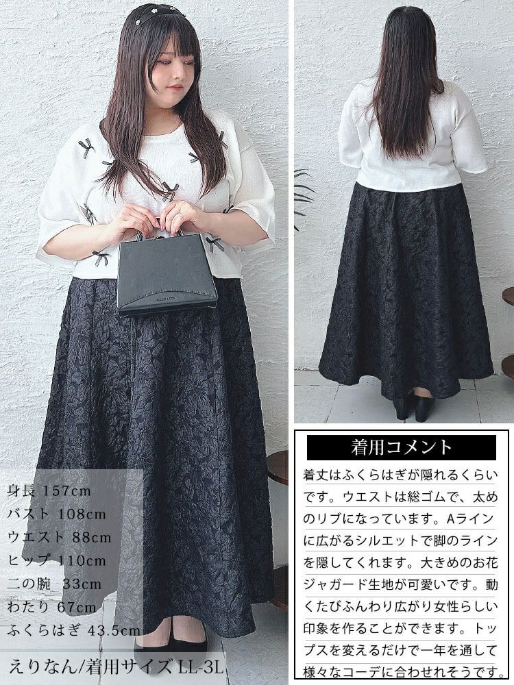 大きいサイズ レディース フラワージャガード太リブボリュームフレアスカート　sfe-0009