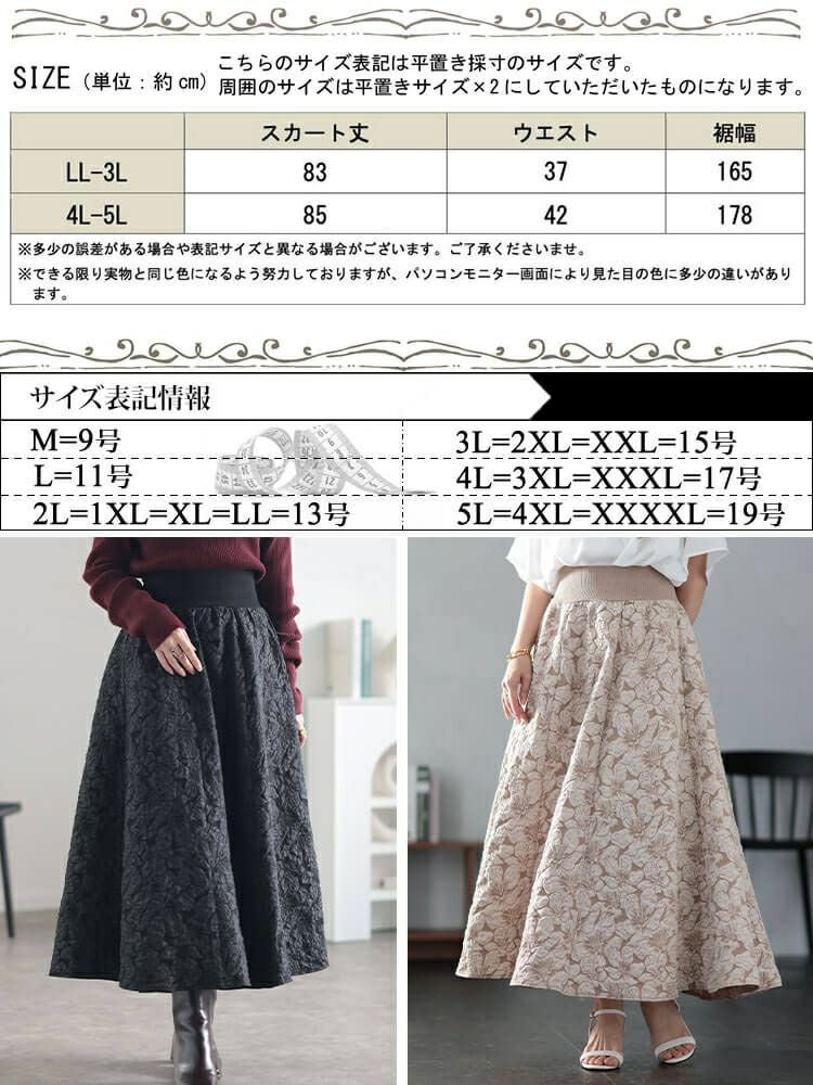 大きいサイズ レディース フラワージャガード太リブボリュームフレアスカート　sfe-0009