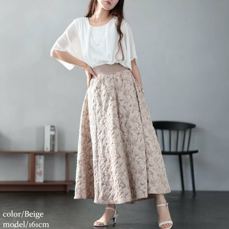 大きいサイズ レディース フラワージャガード太リブボリュームフレアスカート　sfe-0009 ベージュ