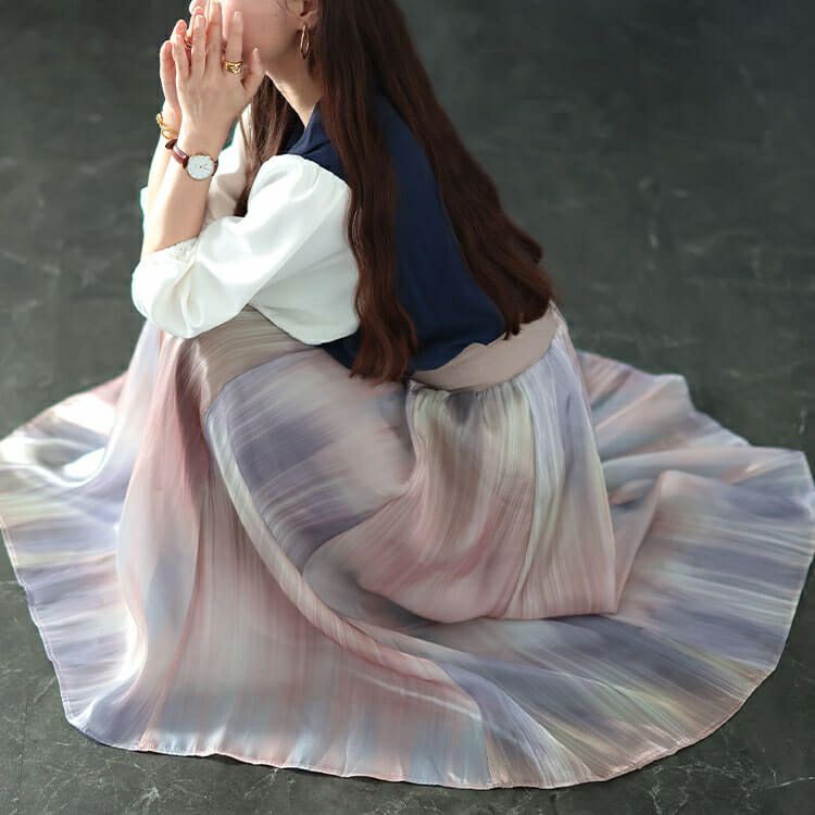 大きいサイズ レディース オーロラオーガンジーフレアスカート　sfe-0008