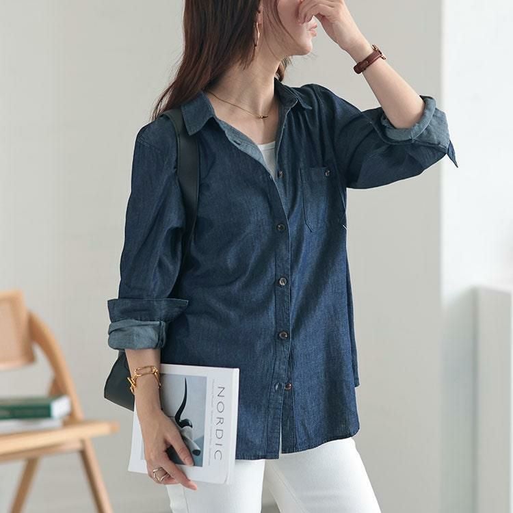 大きいサイズ レディース コットンデニムシャツ　cpdai-640539 ネイビー