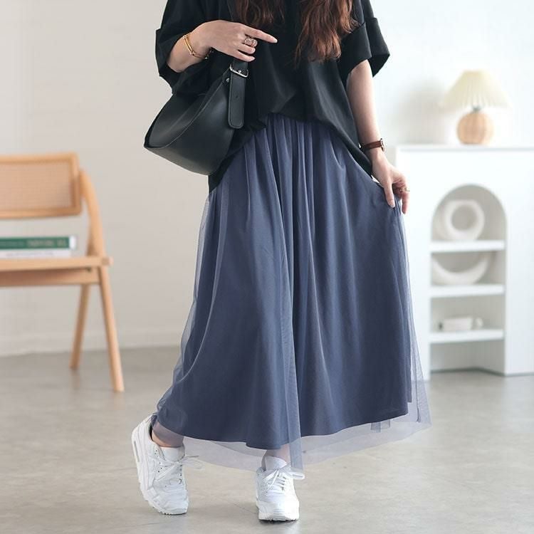 大きいサイズ レディース チュールギャザースカート　cpdai-640527 ブルーグレー