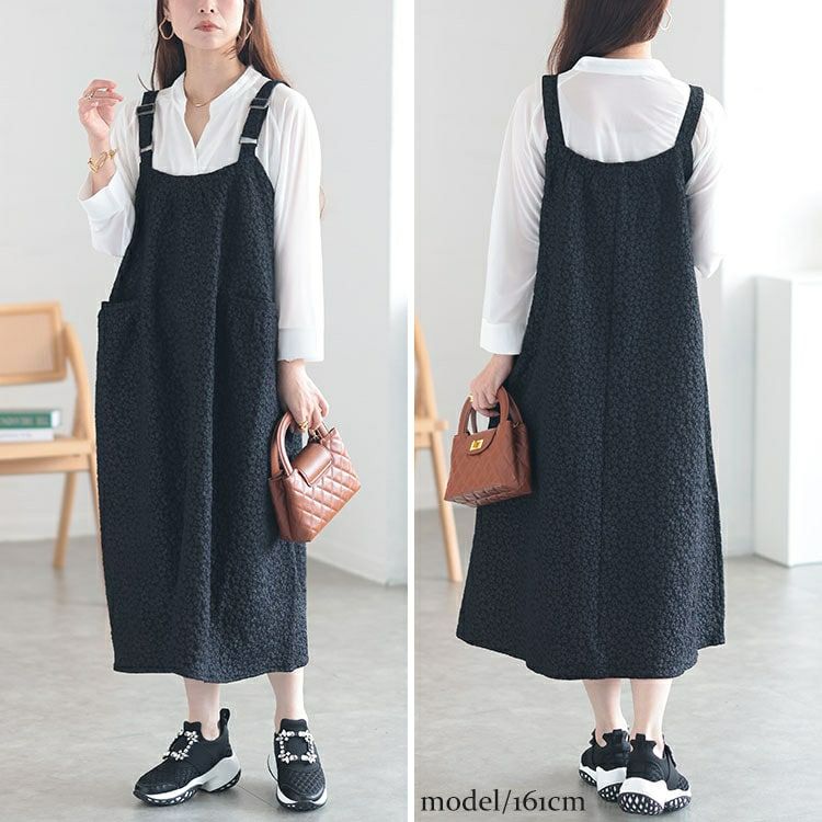 大きいサイズ レディース 小花ジャガードギャザーポケットジャンパースカート　cpdai-640515