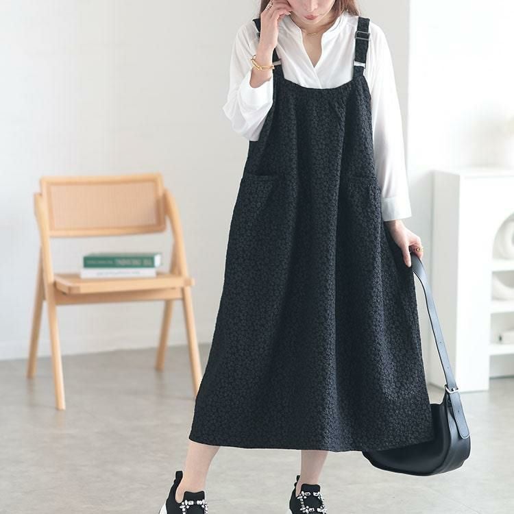 大きいサイズ レディース 小花ジャガードギャザーポケットジャンパースカート　cpdai-640515 ブラック