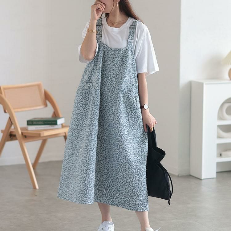 大きいサイズ レディース 小花ジャガードギャザーポケットジャンパースカート　cpdai-640515 サックス