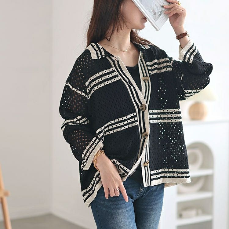 大きいサイズ レディース かぎ針風ボーダーニットシャツ　cpdai-640513