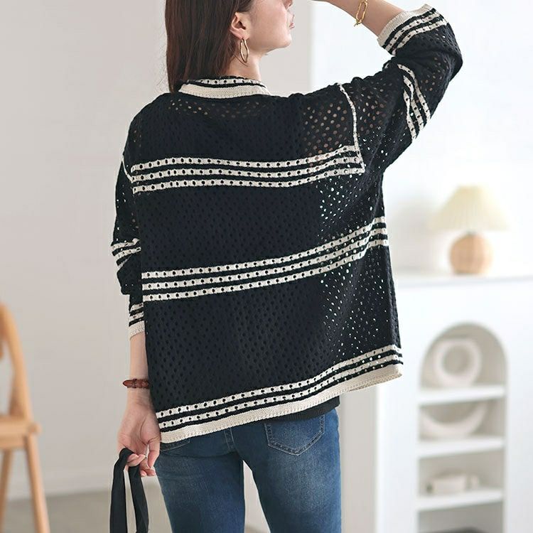 大きいサイズ レディース かぎ針風ボーダーニットシャツ　cpdai-640513