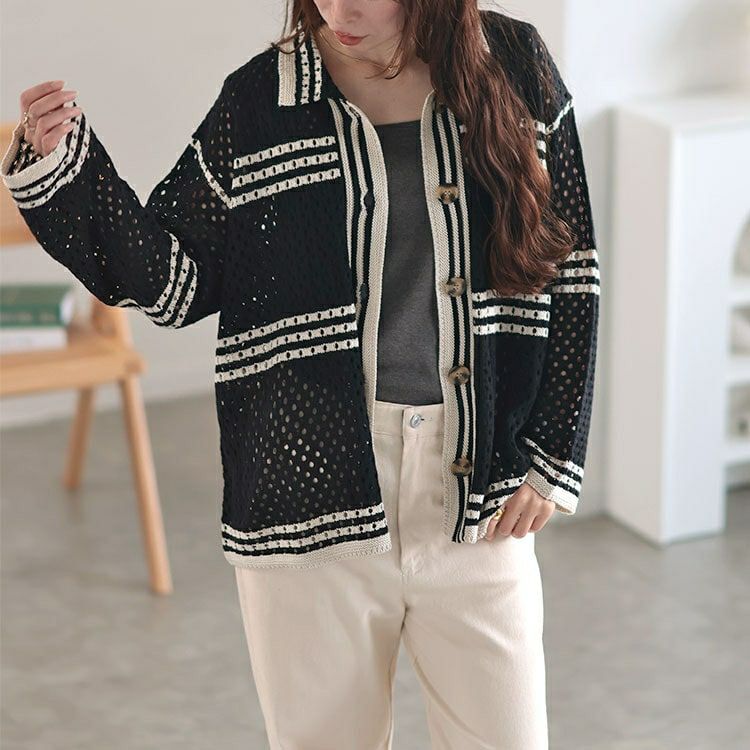 大きいサイズ レディース かぎ針風ボーダーニットシャツ　cpdai-640513