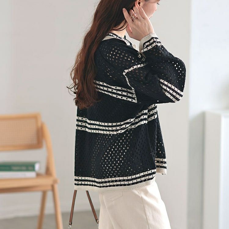 大きいサイズ レディース かぎ針風ボーダーニットシャツ　cpdai-640513