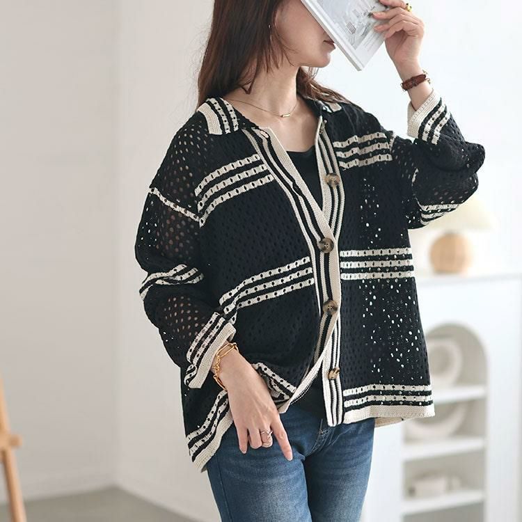 大きいサイズ レディース かぎ針風ボーダーニットシャツ　cpdai-640513 ブラック