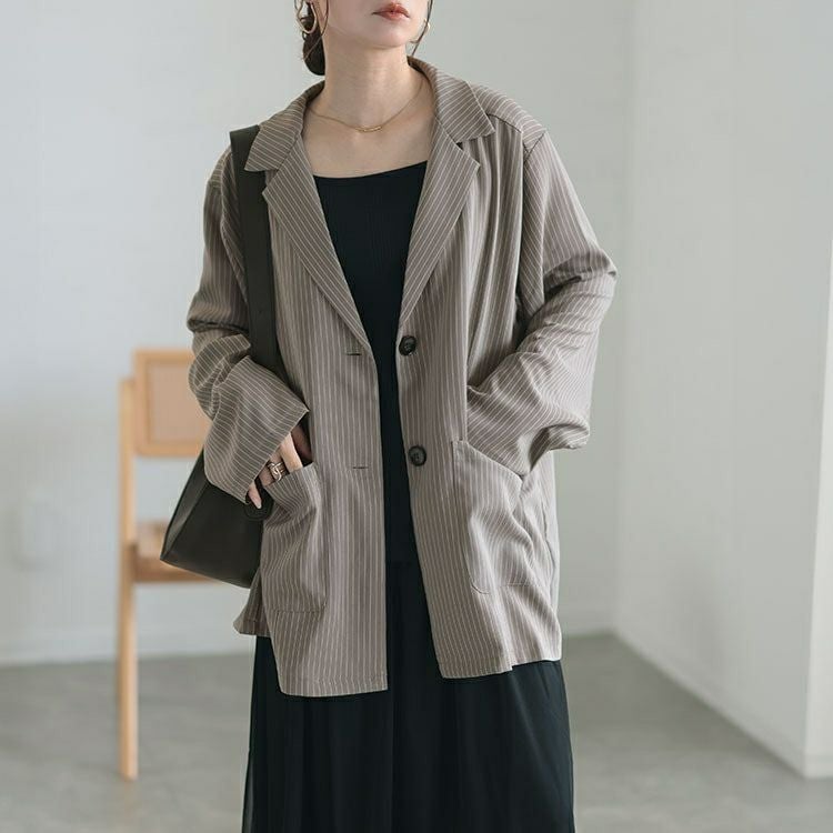 大きいサイズ レディース オーバーサイズストレッチピンストライプテーラードジャケット　and-aa1493ll