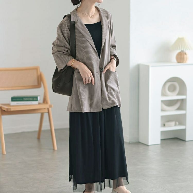 大きいサイズ レディース オーバーサイズストレッチピンストライプテーラードジャケット　and-aa1493ll