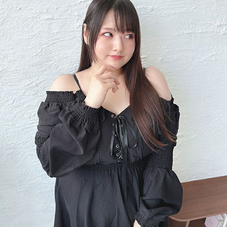 大きいサイズ レディース レースアップオフショルワンピース　goldy-1560