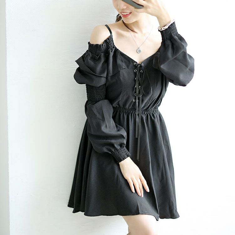 大きいサイズ レディース レースアップオフショルワンピース　goldy-1560