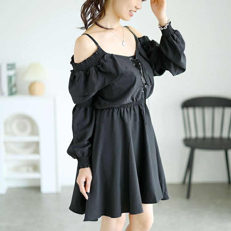 大きいサイズ レディース レースアップオフショルワンピース　goldy-1560