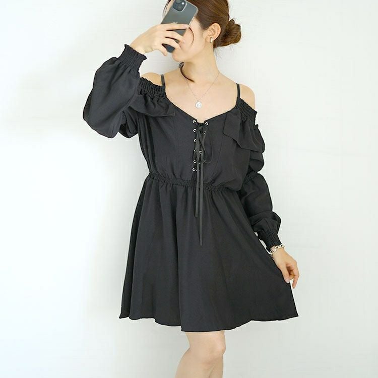 大きいサイズ レディース レースアップオフショルワンピース　goldy-1560