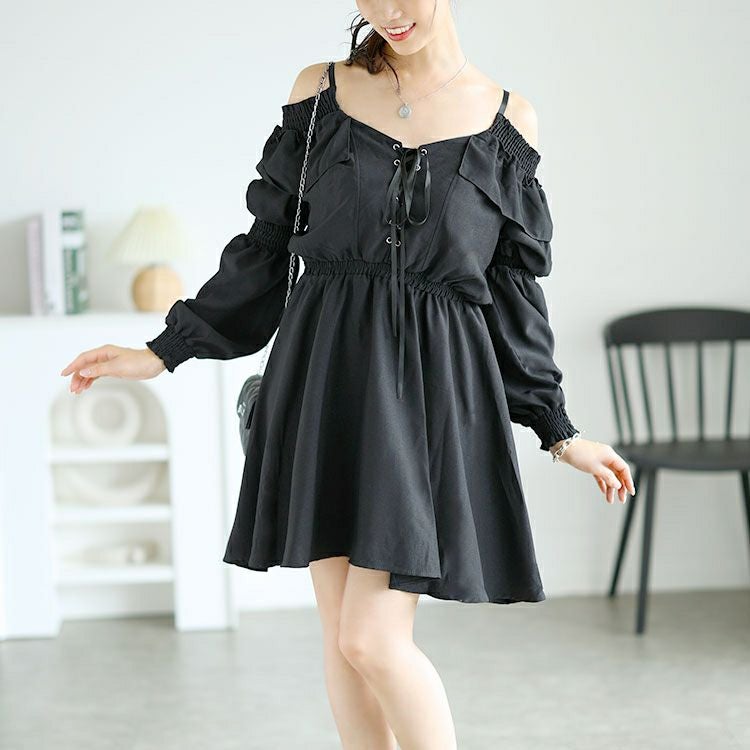 大きいサイズ レディース レースアップオフショルワンピース　goldy-1560