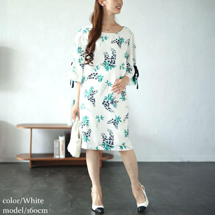 大きいサイズ レディース アートフラワー袖リボンワンピース　sfe-0006 【ゆうパケット可】