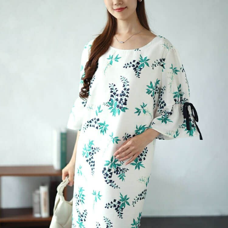 大きいサイズ レディース アートフラワー袖リボンワンピース　sfe-0006 【ゆうパケット可】