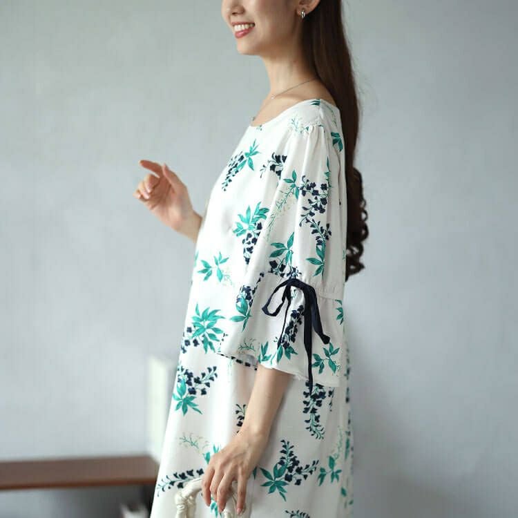 大きいサイズ レディース アートフラワー袖リボンワンピース　sfe-0006 【ゆうパケット可】