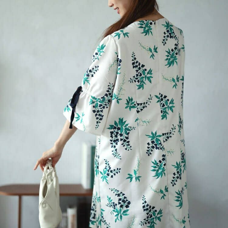 大きいサイズ レディース アートフラワー袖リボンワンピース　sfe-0006 【ゆうパケット可】