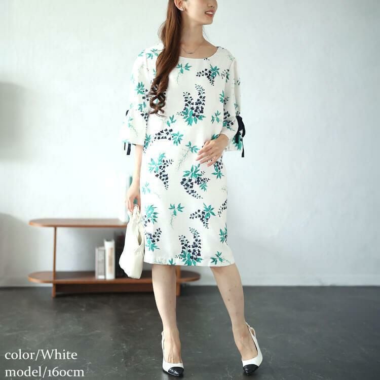 大きいサイズ レディース アートフラワー袖リボンワンピース　sfe-0006 【ゆうパケット可】 ホワイト