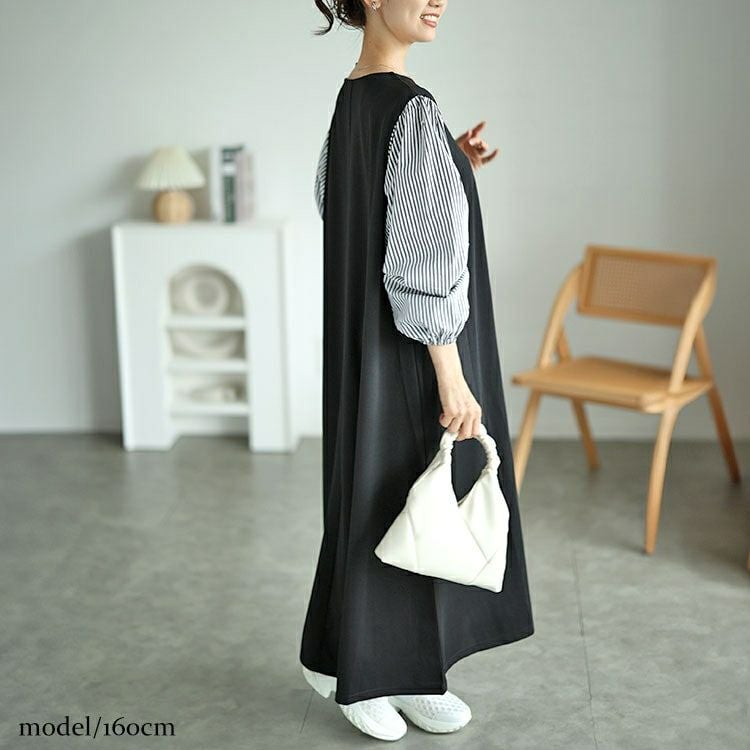 大きいサイズ レディース 袖ストライプドッキングワンピース　fem-520