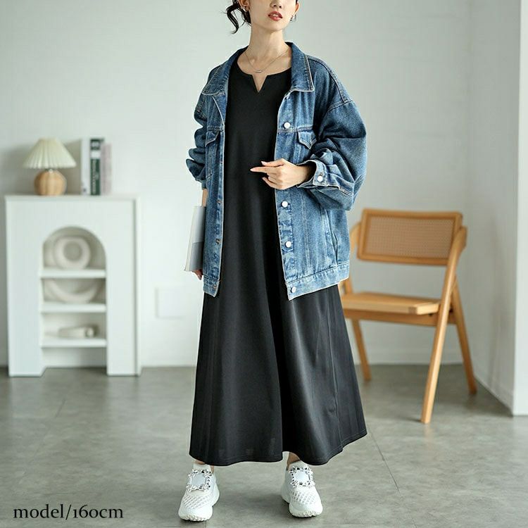 大きいサイズ レディース 袖ストライプドッキングワンピース　fem-520