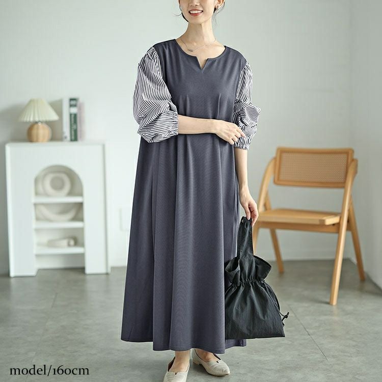 大きいサイズ レディース 袖ストライプドッキングワンピース fem-520