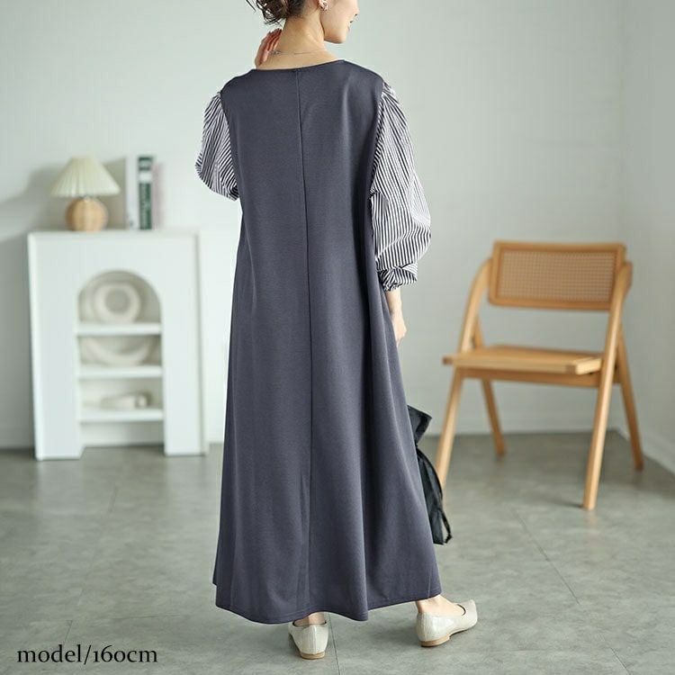 大きいサイズ レディース 袖ストライプドッキングワンピース fem-520