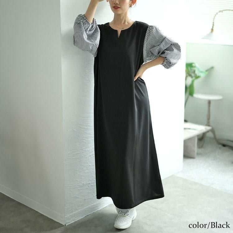 大きいサイズ レディース 袖ストライプドッキングワンピース　fem-520 ブラック