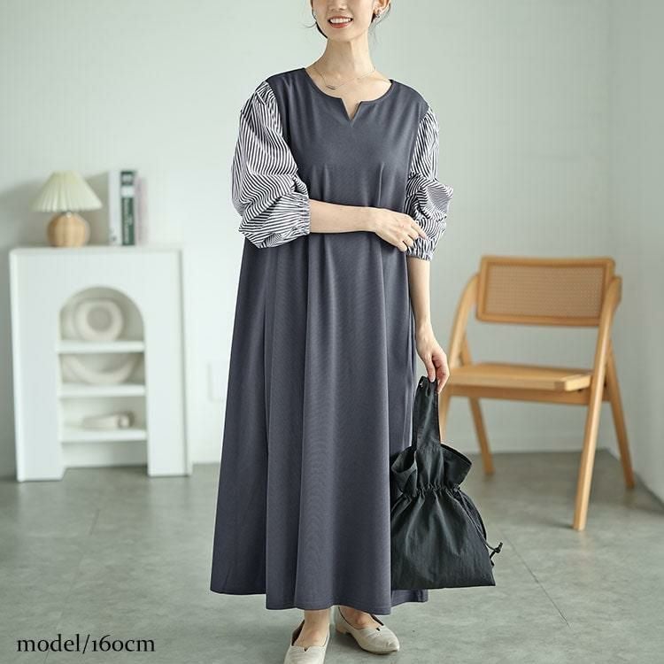 美品　DAMA Collection 　ドッキングワンピース 13号大きいサイズ 大きいサイズ レディース 袖ストライプドッキングワンピース fem-520