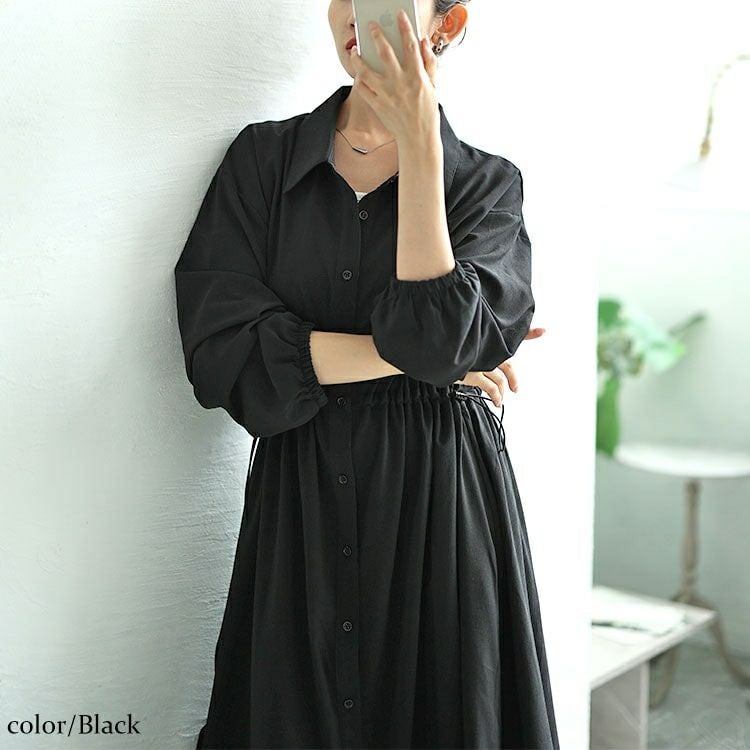 大きいサイズ レディース 楊柳ウエストドロストシャツワンピース　fem-515