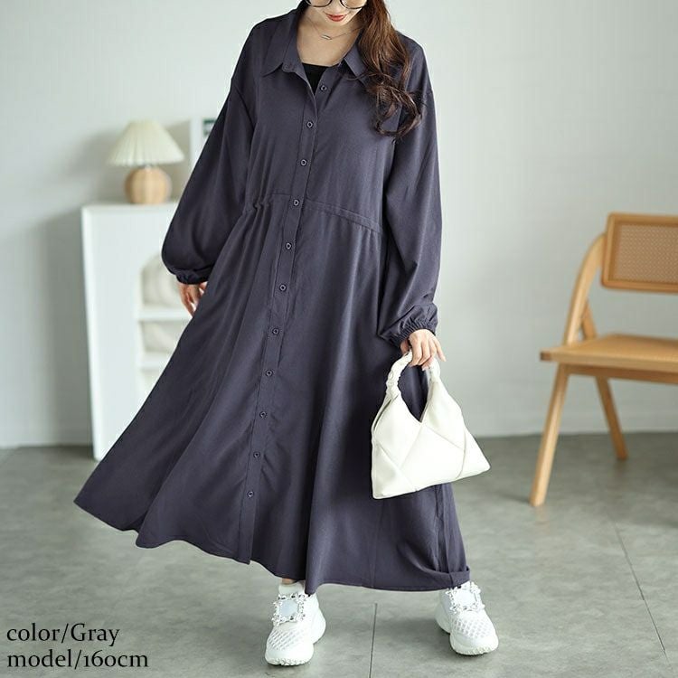 大きいサイズ レディース 楊柳ウエストドロストシャツワンピース　fem-515