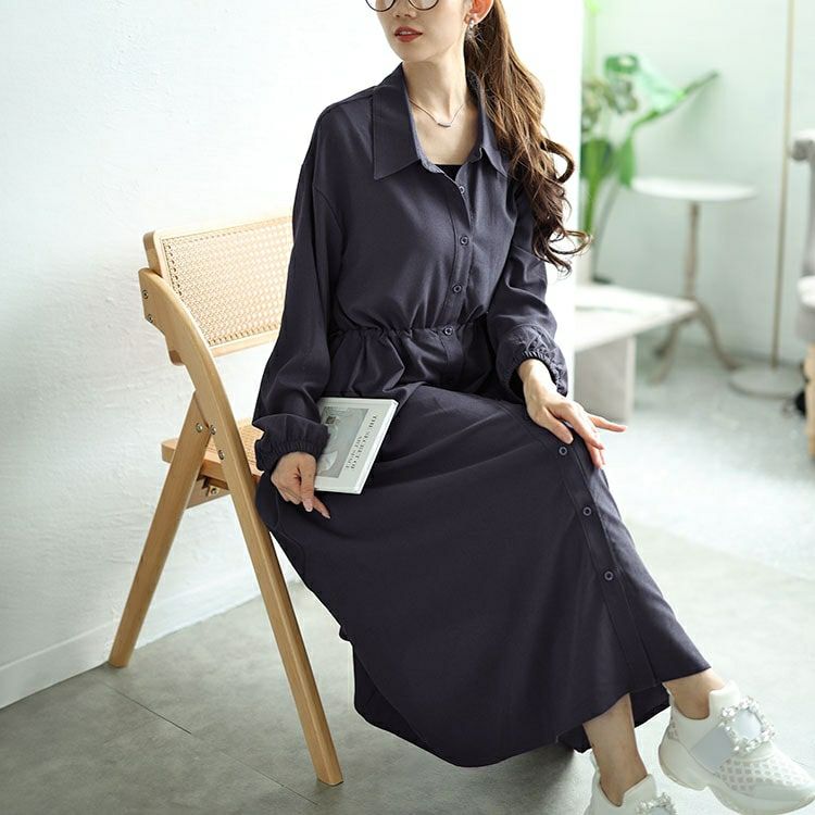 大きいサイズ レディース 楊柳ウエストドロストシャツワンピース　fem-515