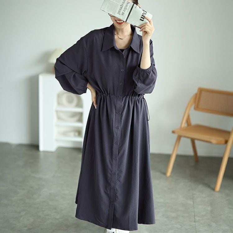 大きいサイズ レディース 楊柳ウエストドロストシャツワンピース　fem-515