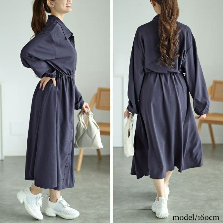 大きいサイズ レディース 楊柳ウエストドロストシャツワンピース　fem-515