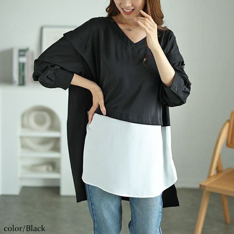 大きいサイズ レディース フェイクレイヤード肩デザインチュニック　fem-521 【メール便可】