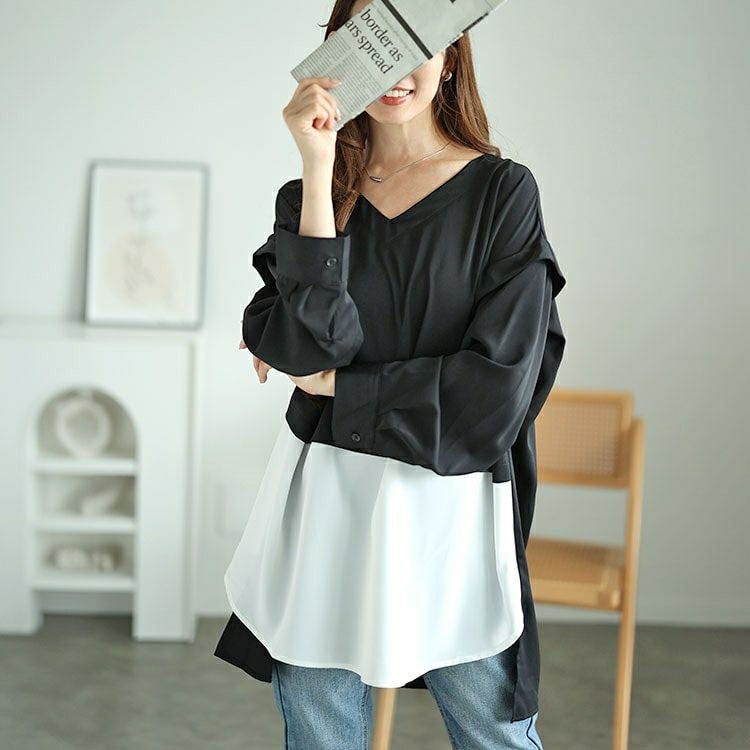 大きいサイズ レディース フェイクレイヤード肩デザインチュニック　fem-521 【メール便可】