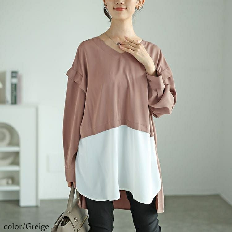 大きいサイズ レディース フェイクレイヤード肩デザインチュニック　fem-521 【メール便可】