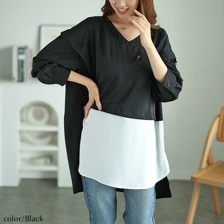 大きいサイズ レディース フェイクレイヤード肩デザインチュニック　fem-521 【メール便可】 ブラック
