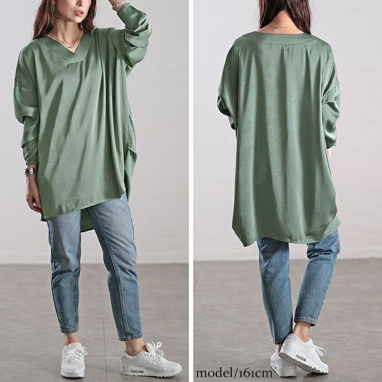 大きいサイズ レディース Vネックサイドタックドルマンチュニック　fem-519 【メール便可】