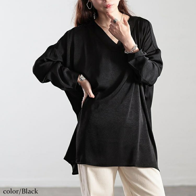大きいサイズ レディース Vネックサイドタックドルマンチュニック　fem-519 【メール便可】