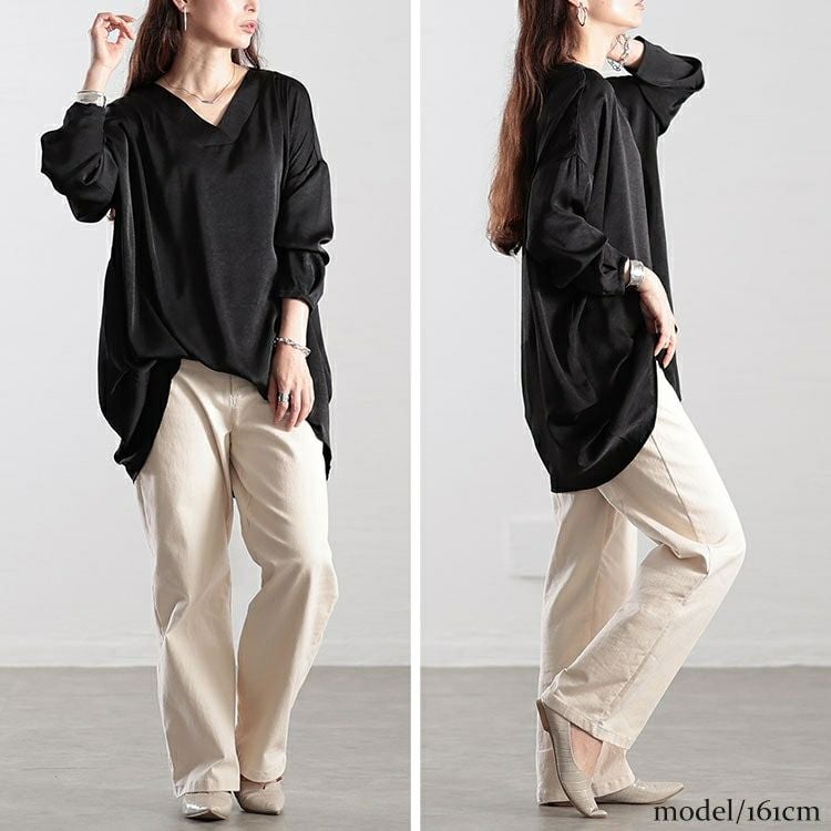 大きいサイズ レディース Vネックサイドタックドルマンチュニック　fem-519 【メール便可】
